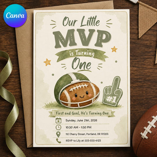 Green and Neutral Football First Birthday Invitation — editable Canva template