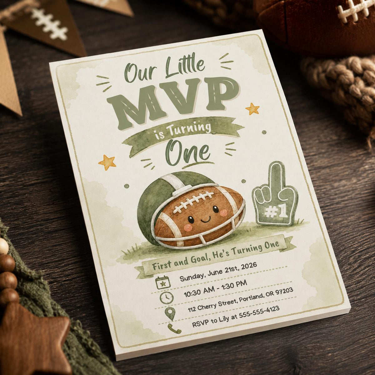 Green and Neutral Football First Birthday Invitation — sports design