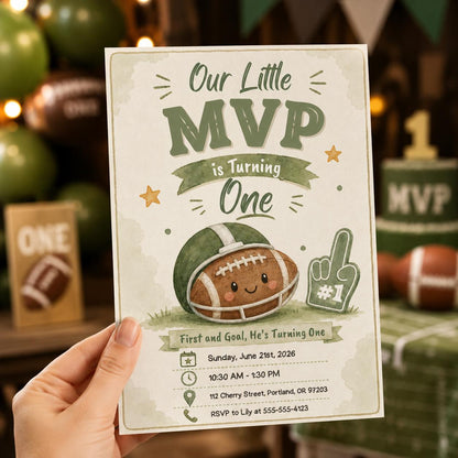 Green and Neutral Football First Birthday Invitation — invitation you personalize in Canva