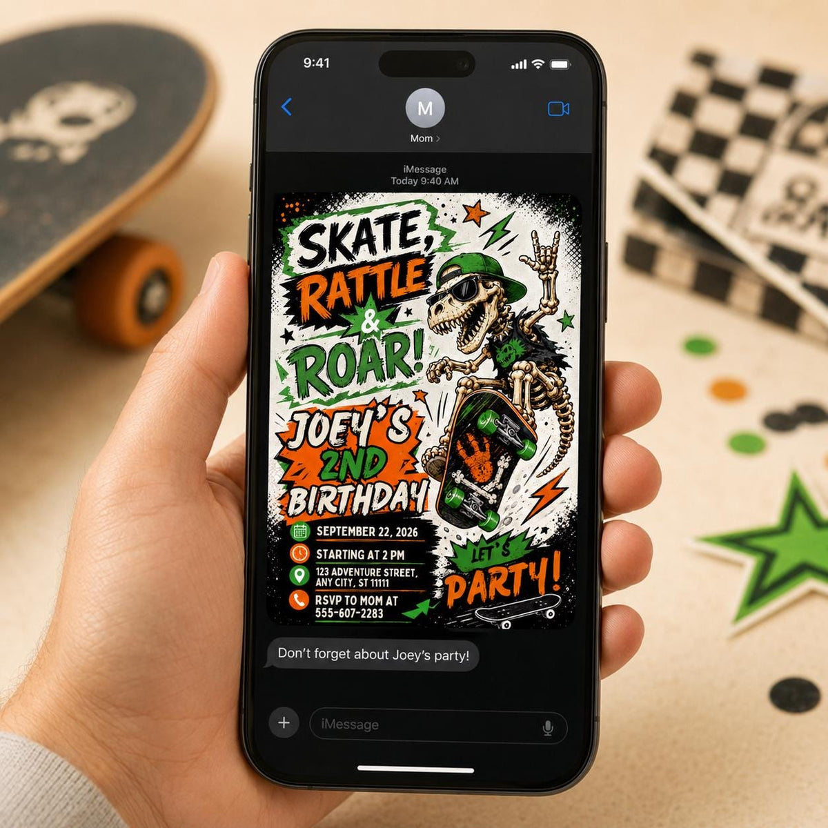Green and Orange Skateboard 2nd Birthday Invitation — dinosaur design