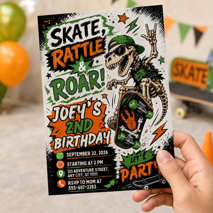 Green and Orange Skateboard 2nd Birthday Invitation — invitation you personalize in Canva