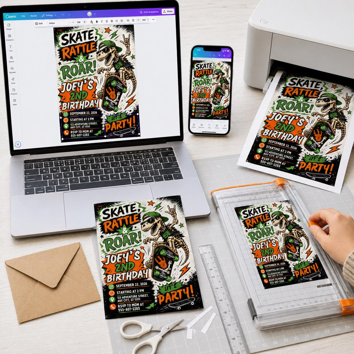 Green and Orange Skateboard 2nd Birthday Invitation — print-ready 2nd birthday party design from VoltBy