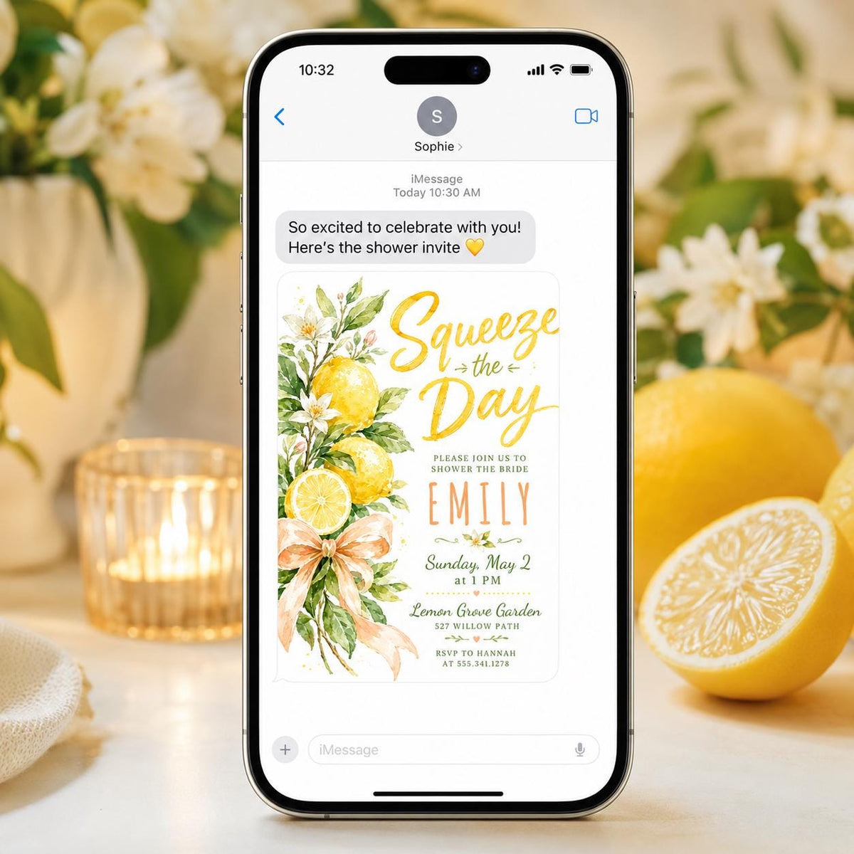 Green and Yellow Lemon Bridal Shower Invitation — floral design