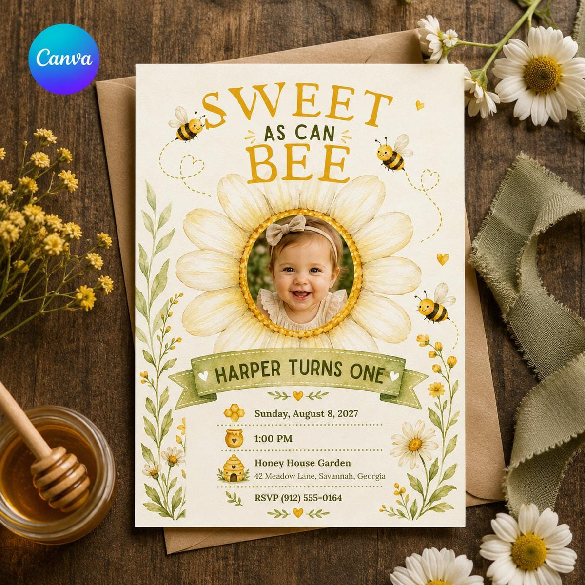 Green and Yellow Sweet as Can Bee First Birthday Invitation for Girls — editable Canva template