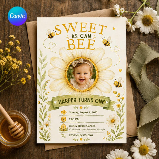 Green and Yellow Sweet as Can Bee First Birthday Invitation for Girls — editable Canva template