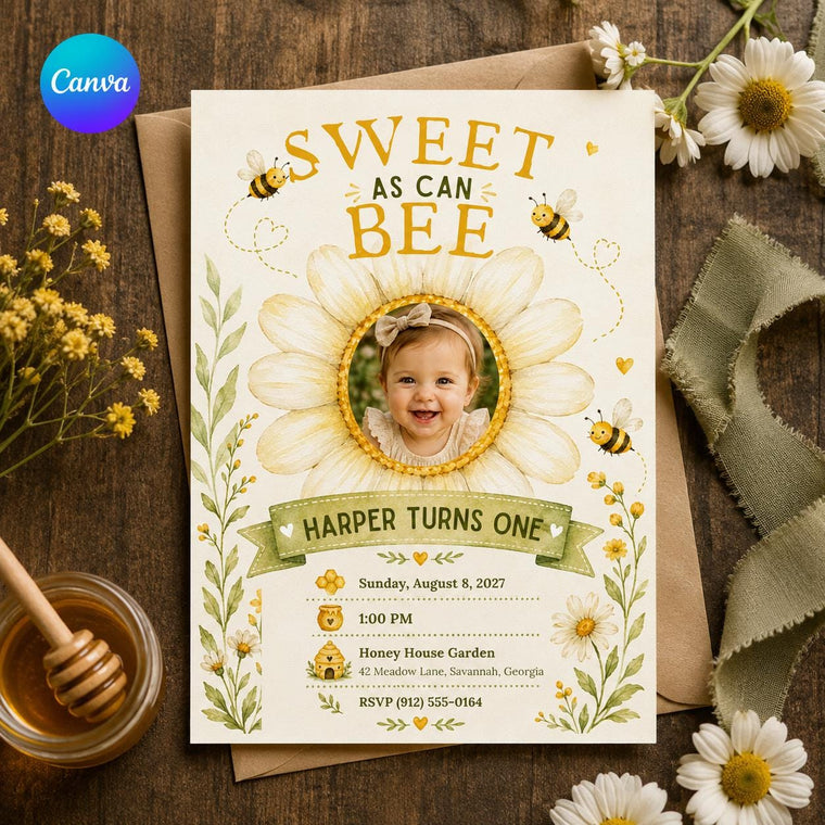 Green and Yellow Sweet as Can Bee First Birthday Invitation for Girls