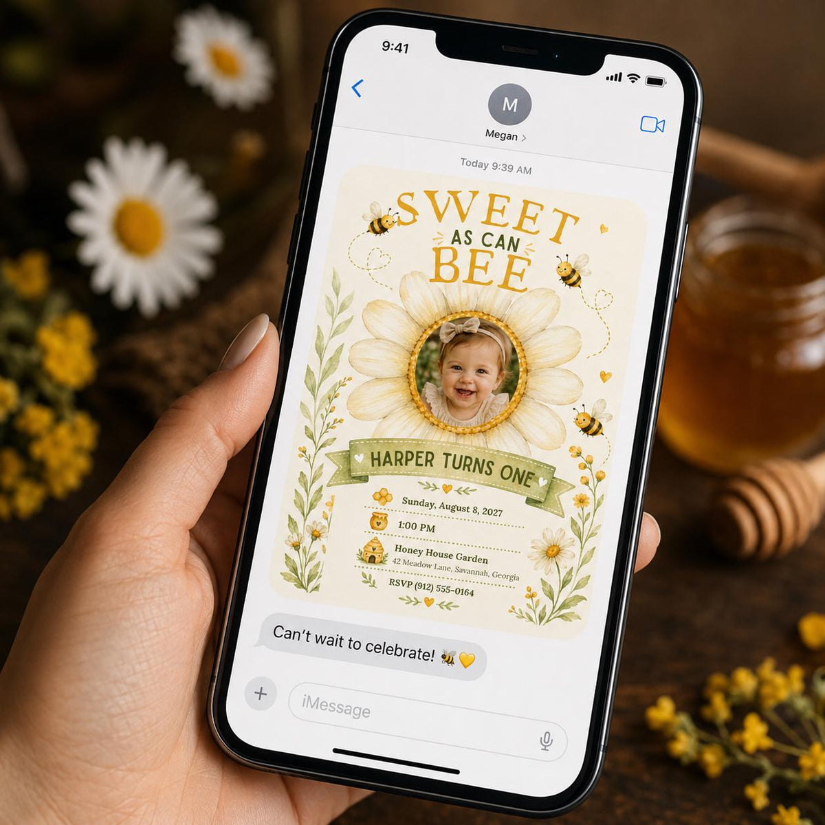 Green and Yellow Sweet as Can Bee First Birthday Invitation for Girls — daisy design