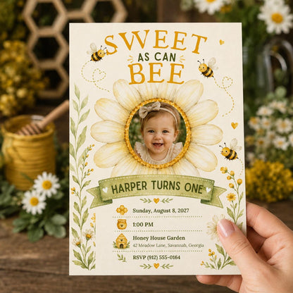 Green and Yellow Sweet as Can Bee First Birthday Invitation for Girls — invitation you personalize in Canva