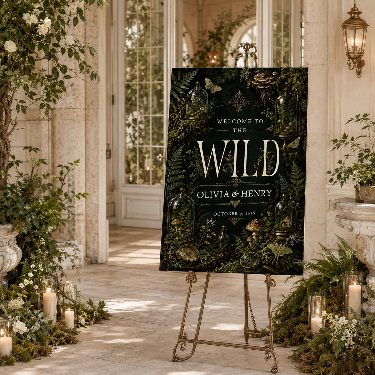 Green Botanical Enchanted Forest Wedding Welcome Sign — woodland design