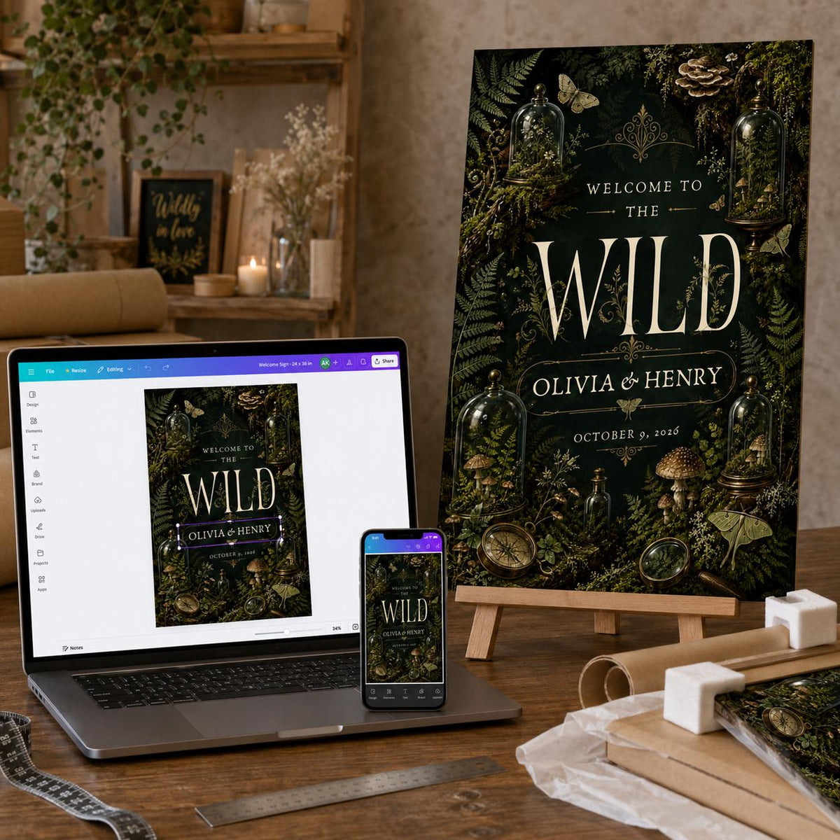 Green Botanical Enchanted Forest Wedding Welcome Sign — digital welcome sign, instant download