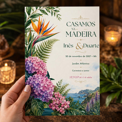 Green Botanical Madeira Wedding Invitation — invitation you personalize in Canva