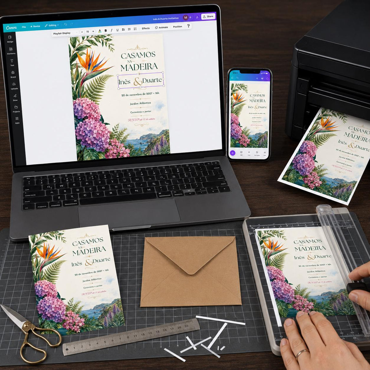 Green Botanical Madeira Wedding Invitation — print-ready wedding design from VoltBy