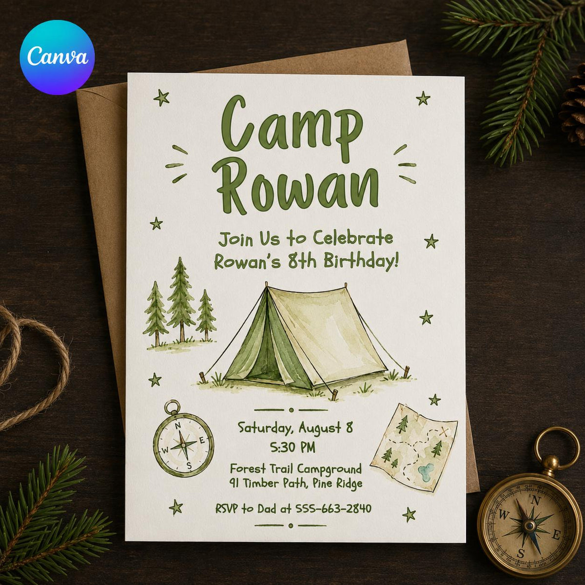 Green Camp Tent and Compass 8th Birthday Invitation — editable Canva template