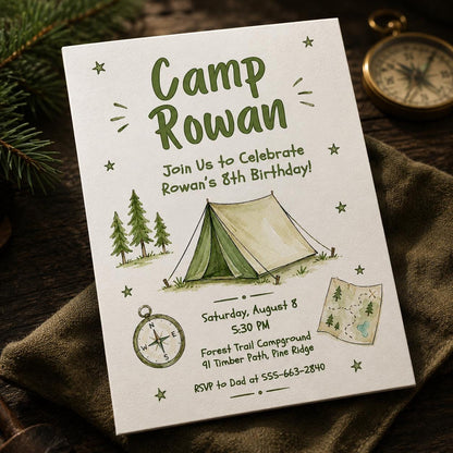 Green Camp Tent and Compass 8th Birthday Invitation in brown cream