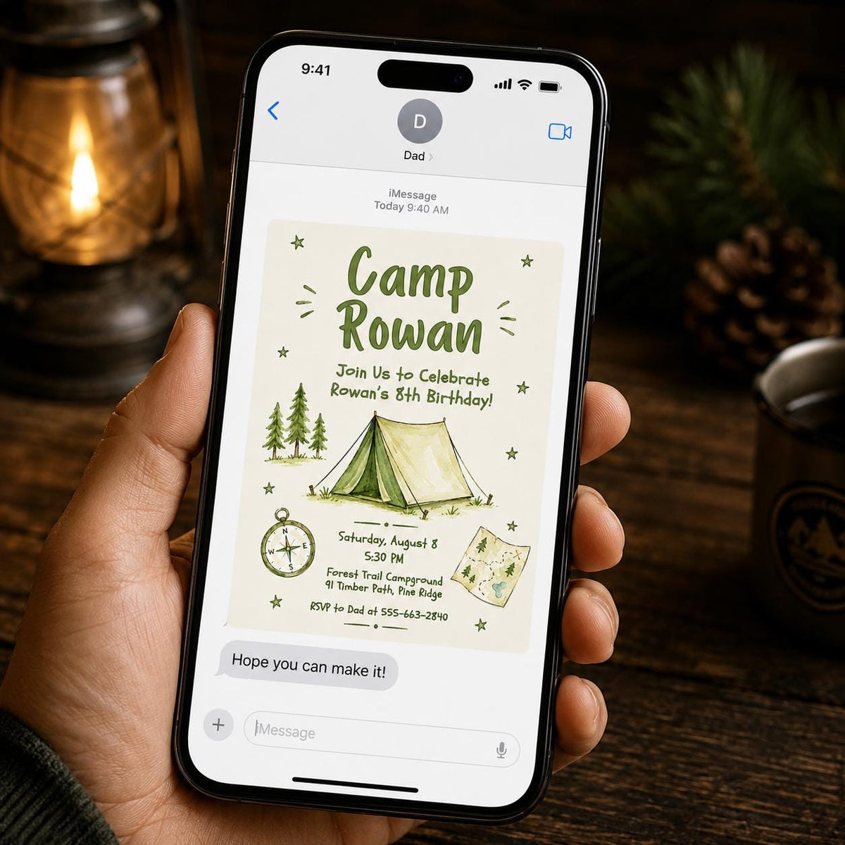 Green Camp Tent and Compass 8th Birthday Invitation — camping design