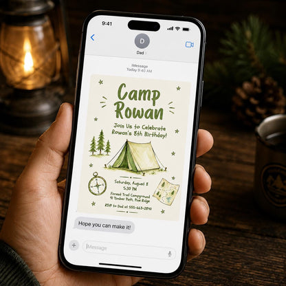 Green Camp Tent and Compass 8th Birthday Invitation — camping design