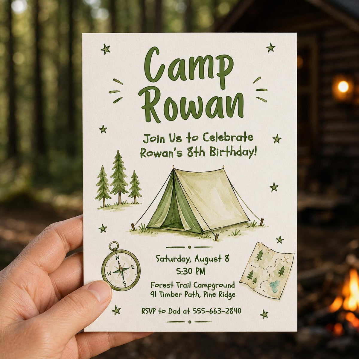 Green Camp Tent and Compass 8th Birthday Invitation — invitation you personalize in Canva