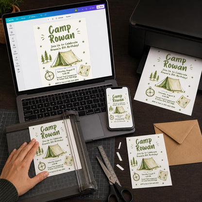 Green Camp Tent and Compass 8th Birthday Invitation — camping artwork in brown cream