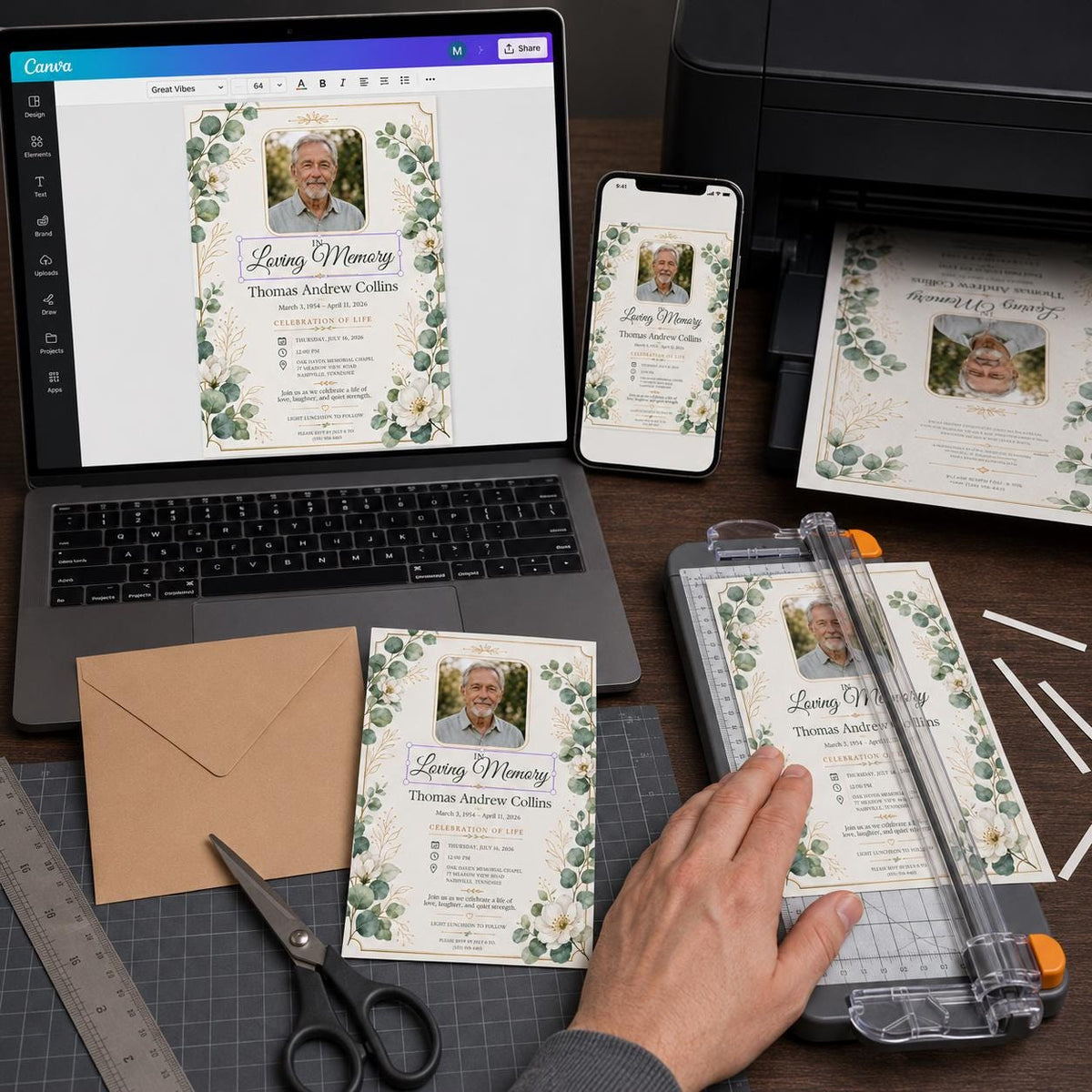 Green Celebration of Life Invitation — eucalyptus design