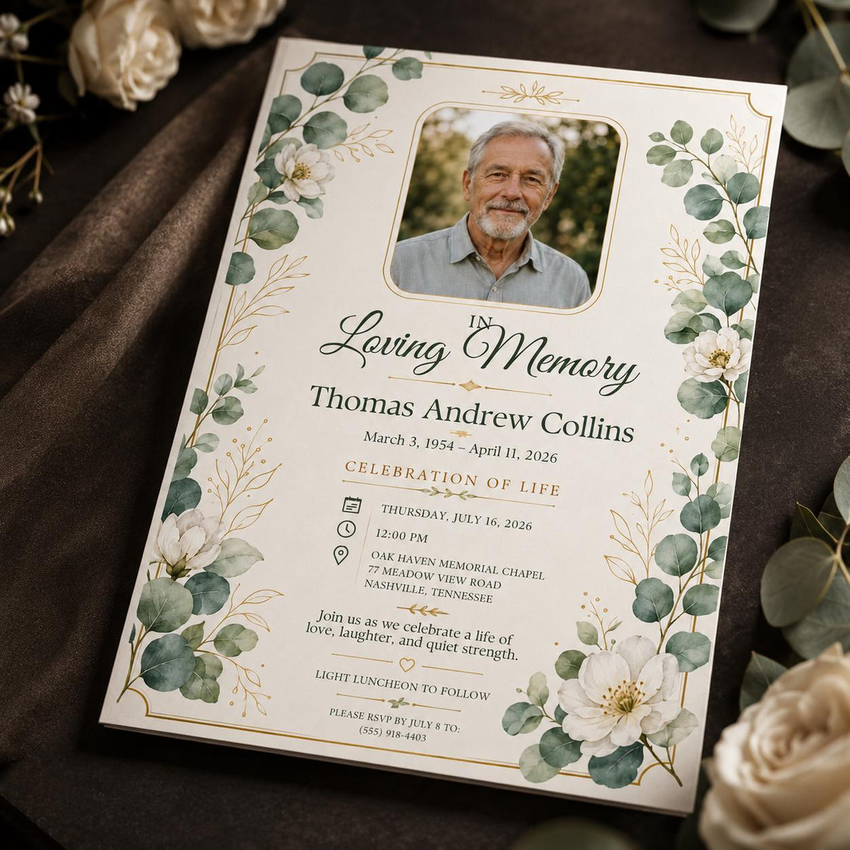 Green Celebration of Life Invitation — invitation you personalize in Canva