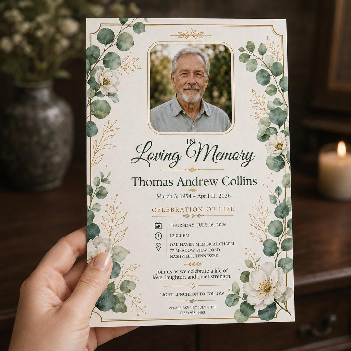 Green Celebration of Life Invitation — digital invitation, instant download