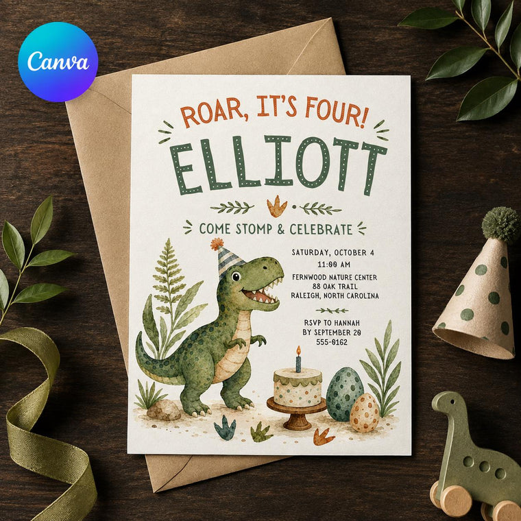 Green Dinosaur 4th Birthday Invitation