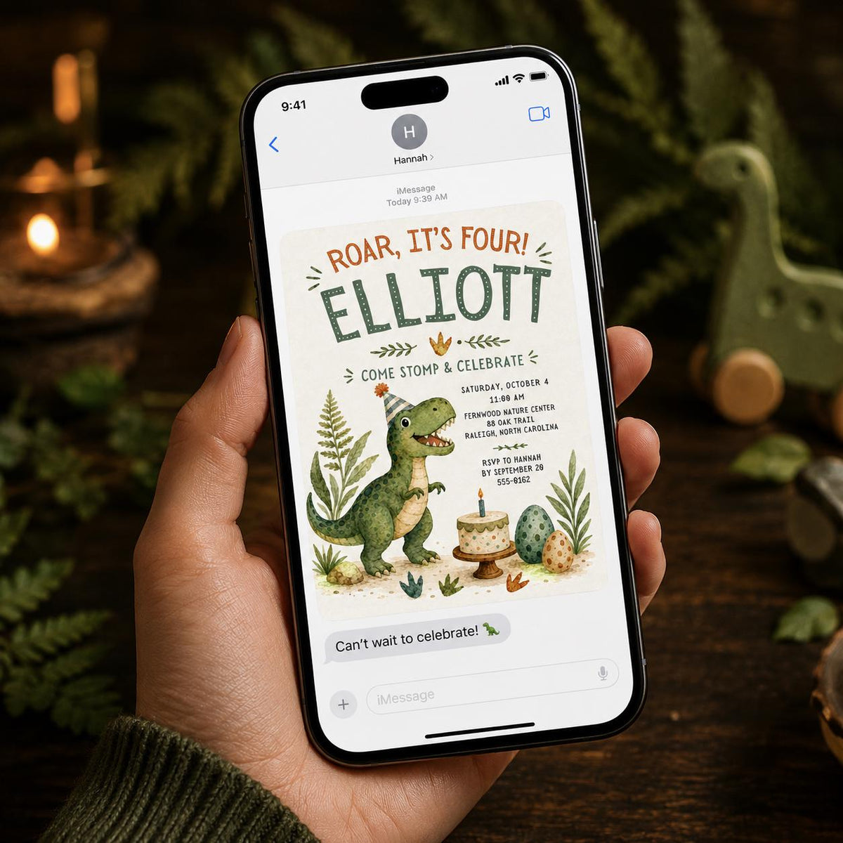 Green Dinosaur 4th Birthday Invitation — invitation you personalize in Canva