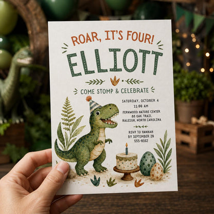Green Dinosaur 4th Birthday Invitation — print-ready 4th birthday party design from VoltBy