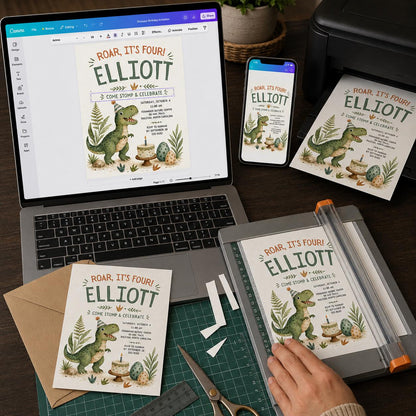 Green Dinosaur 4th Birthday Invitation — digital invitation, instant download