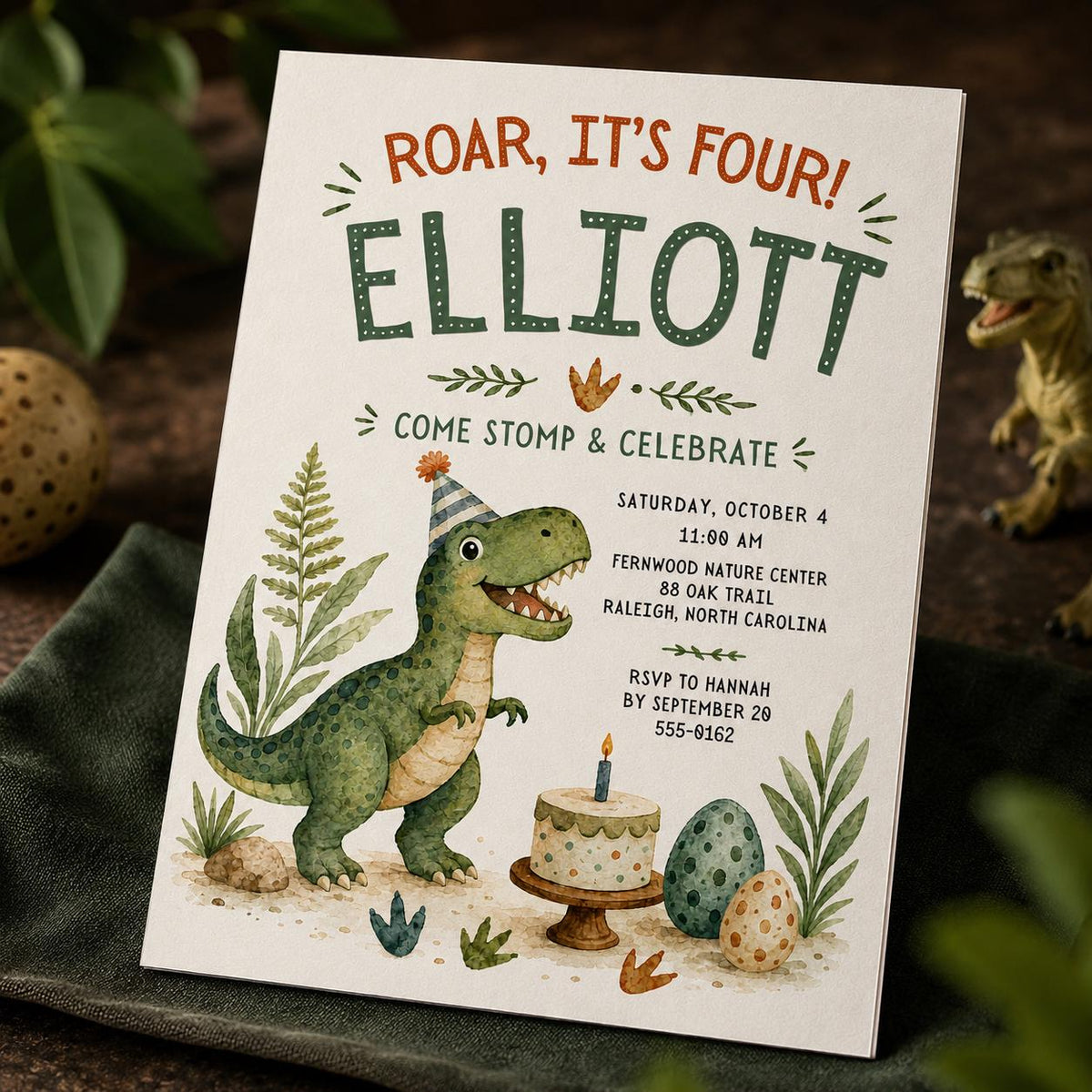 Green Dinosaur 4th Birthday Invitation — 4th birthday party stationery by VoltBy