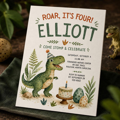 Green Dinosaur 4th Birthday Invitation — 4th birthday party stationery by VoltBy
