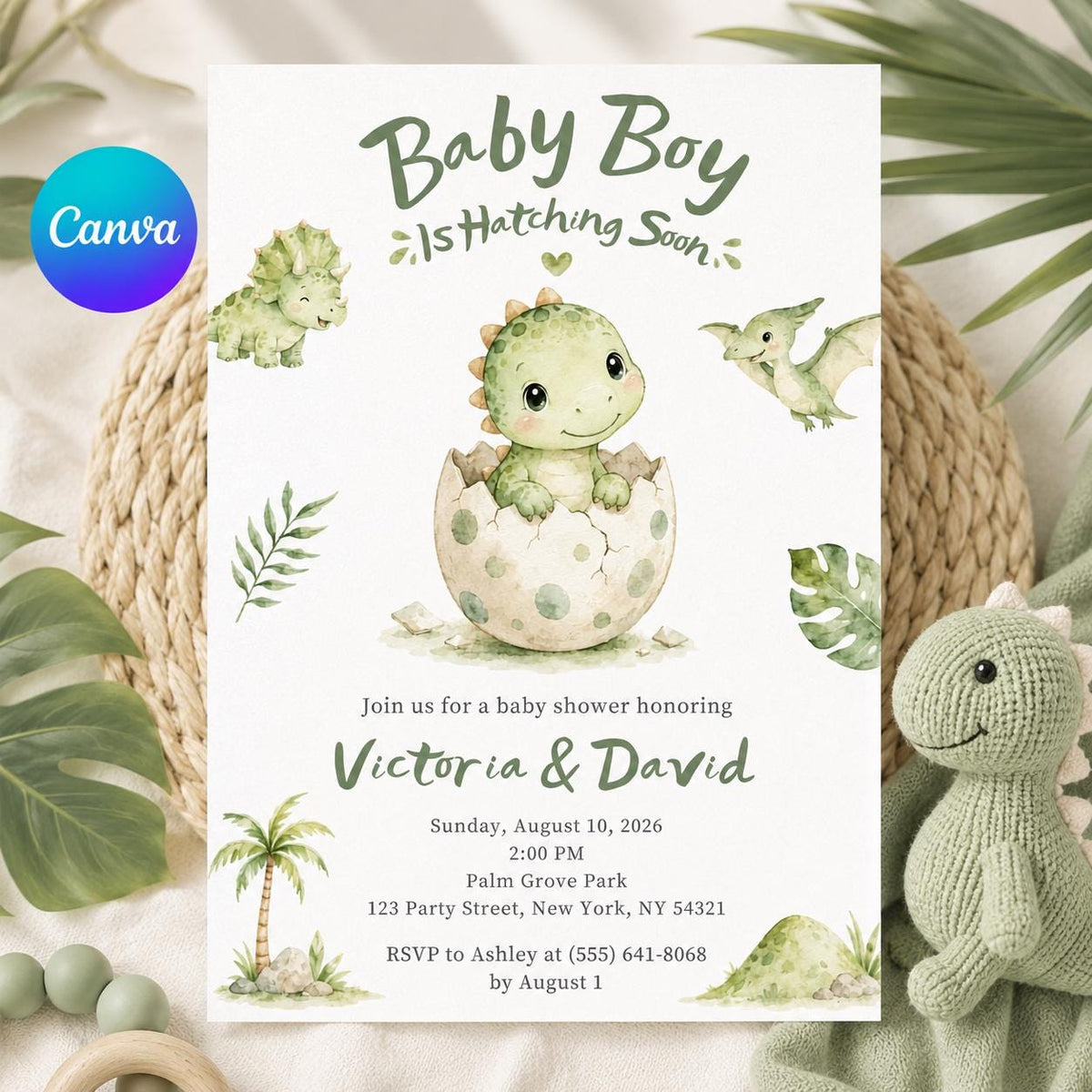 Green Dinosaur Baby Shower Invitation for Boys — editable Canva template