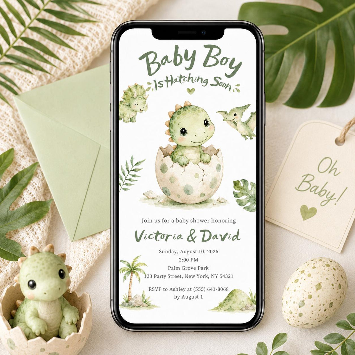 Green Dinosaur Baby Shower Invitation for Boys — invitation you personalize in Canva