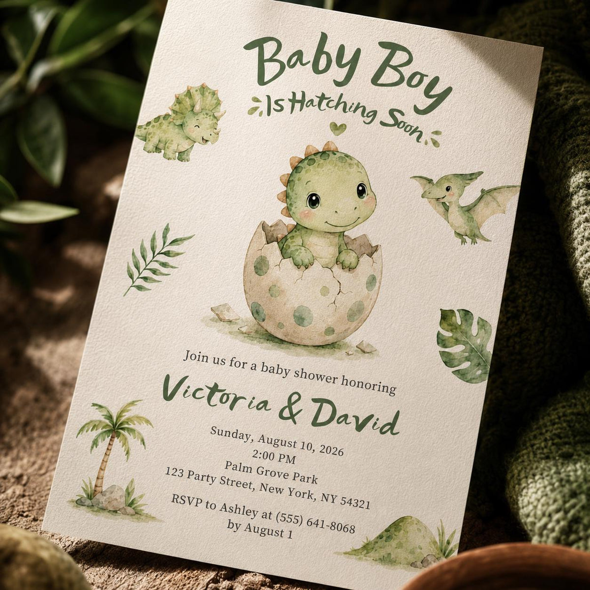 Green Dinosaur Baby Shower Invitation for Boys — print-ready baby shower design from VoltBy