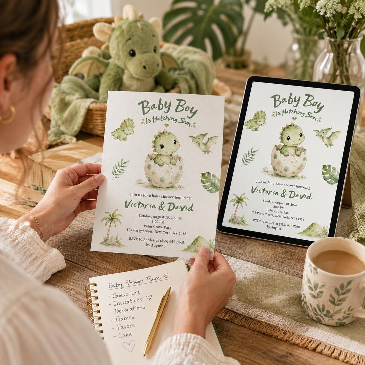 Green Dinosaur Baby Shower Invitation for Boys — digital invitation, instant download