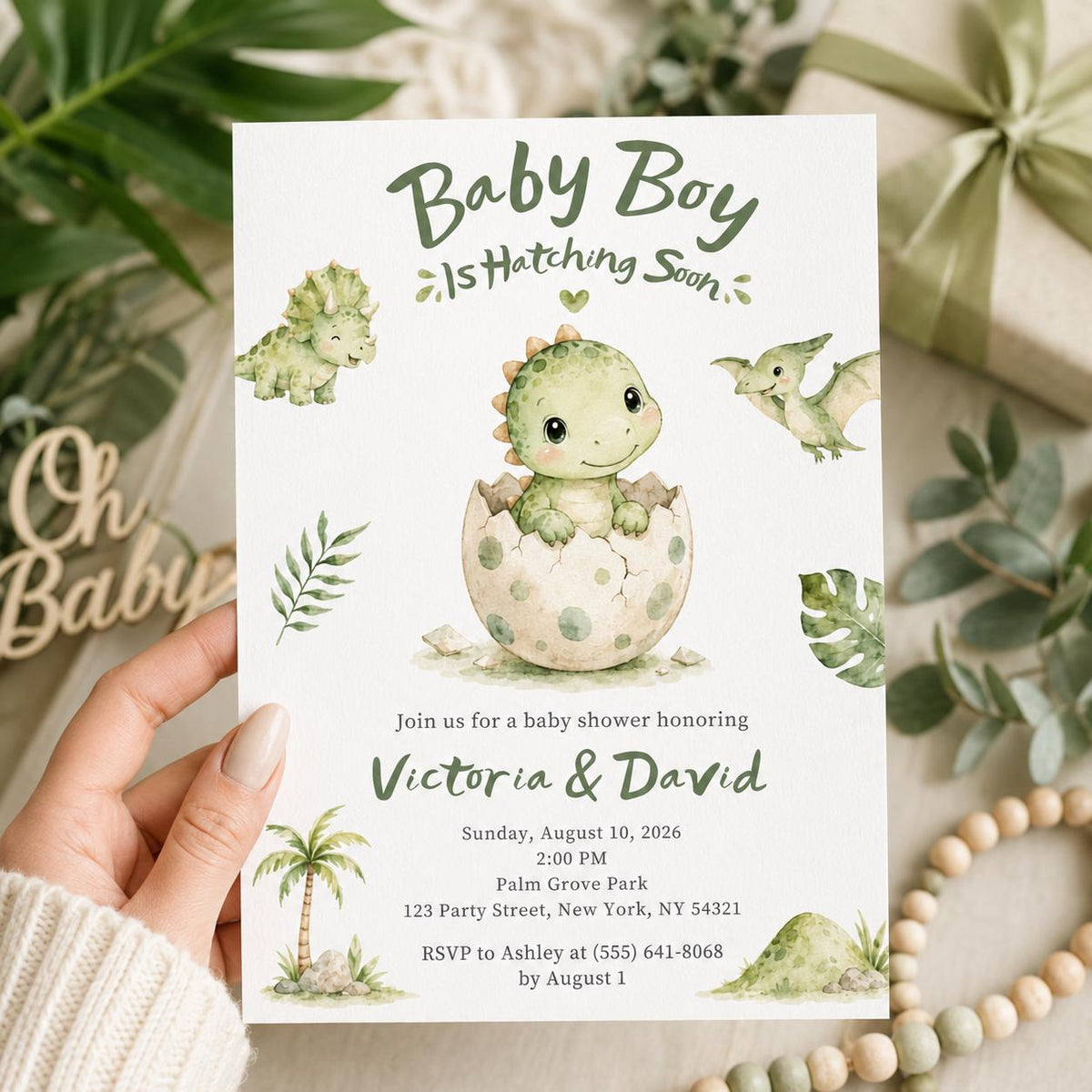 Green Dinosaur Baby Shower Invitation for Boys — baby shower stationery by VoltBy