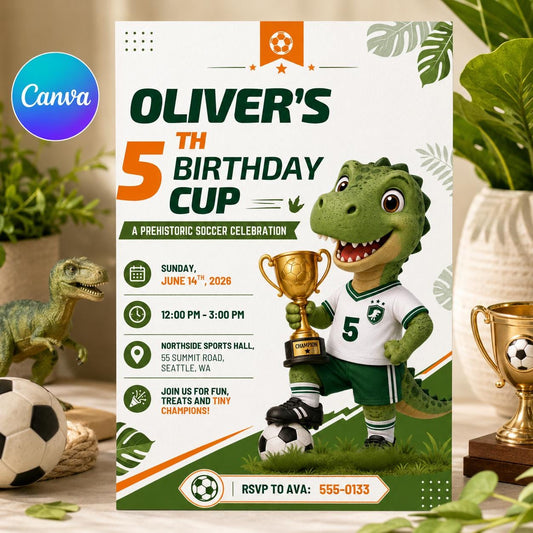 Green Dinosaur Soccer 5th Birthday Invitation for Boys — editable Canva template