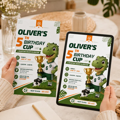 Green Dinosaur Soccer 5th Birthday Invitation for Boys — print-ready 5th birthday party design from VoltBy