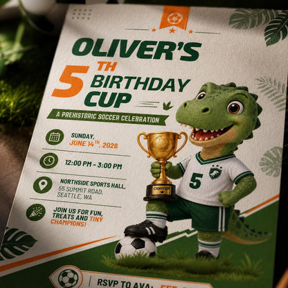 Green Dinosaur Soccer 5th Birthday Invitation for Boys — 5th birthday party stationery by VoltBy