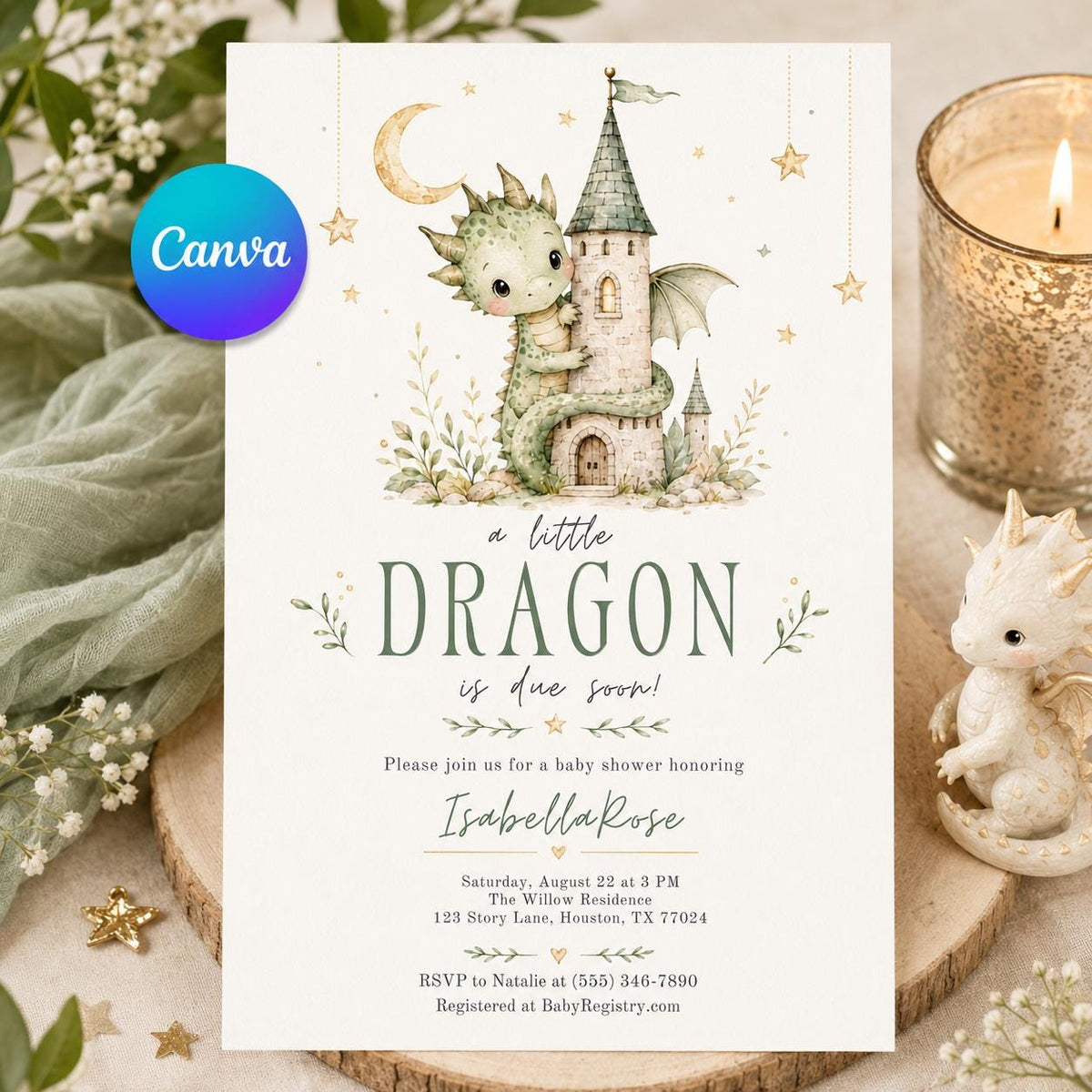 Green Dragon Baby Shower Invitation — editable Canva template