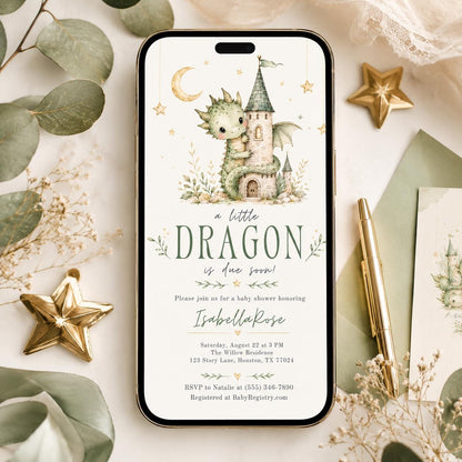 Green Dragon Baby Shower Invitation — invitation you personalize in Canva