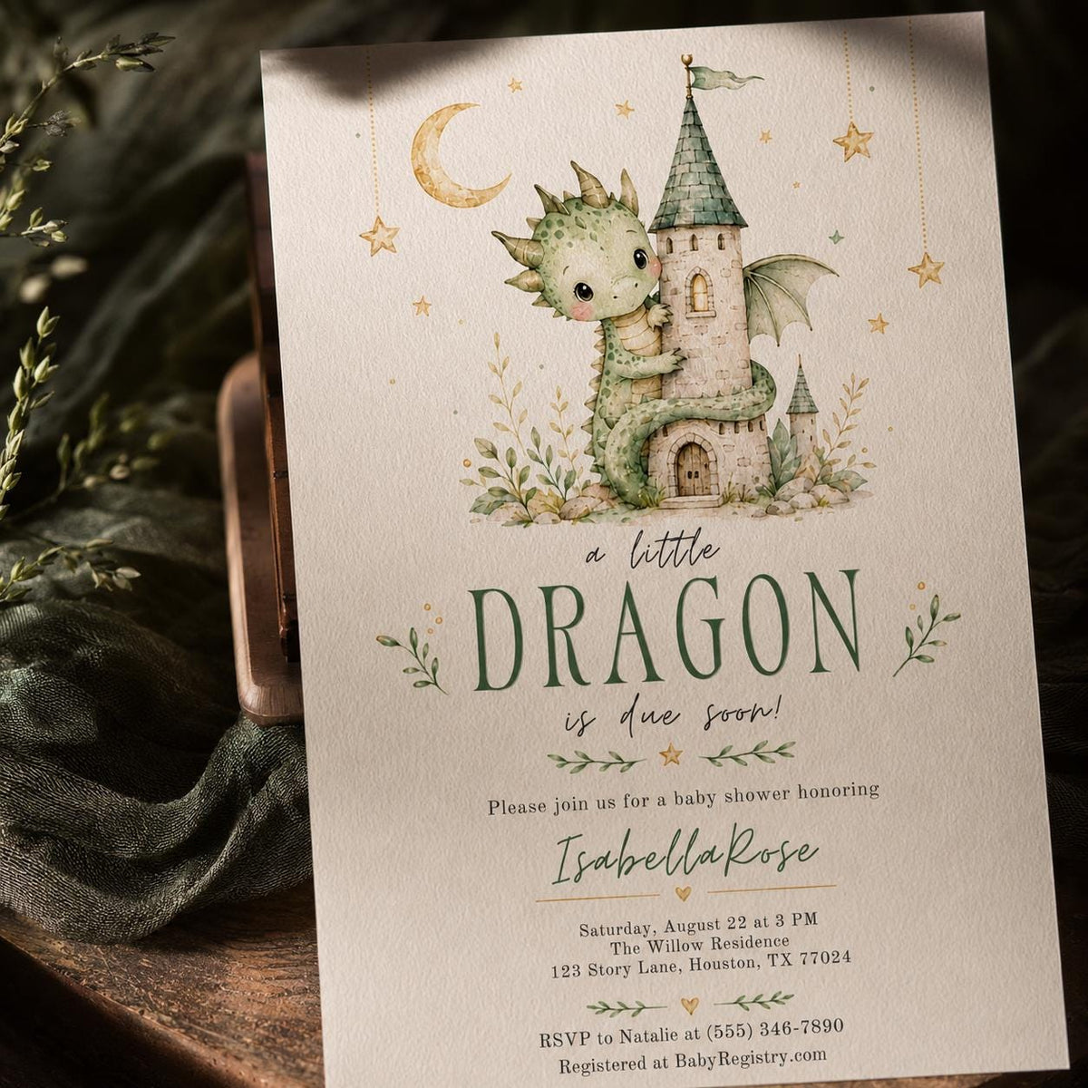 Green Dragon Baby Shower Invitation — print-ready baby shower design from VoltBy