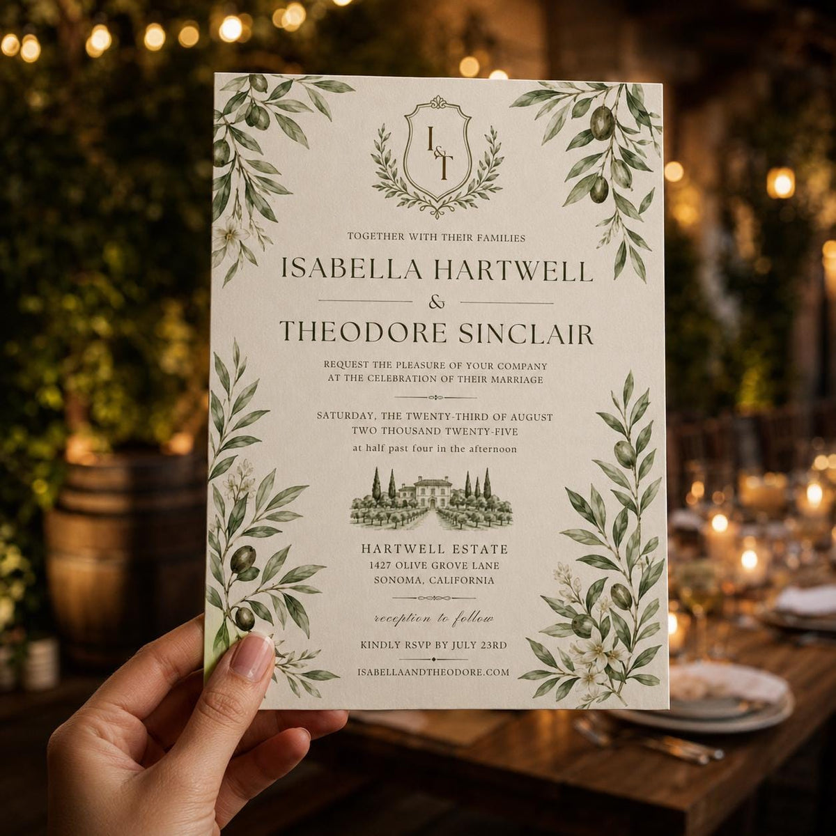 Green Elegant Olive Branch Wedding Invitation — greenery and monogram design