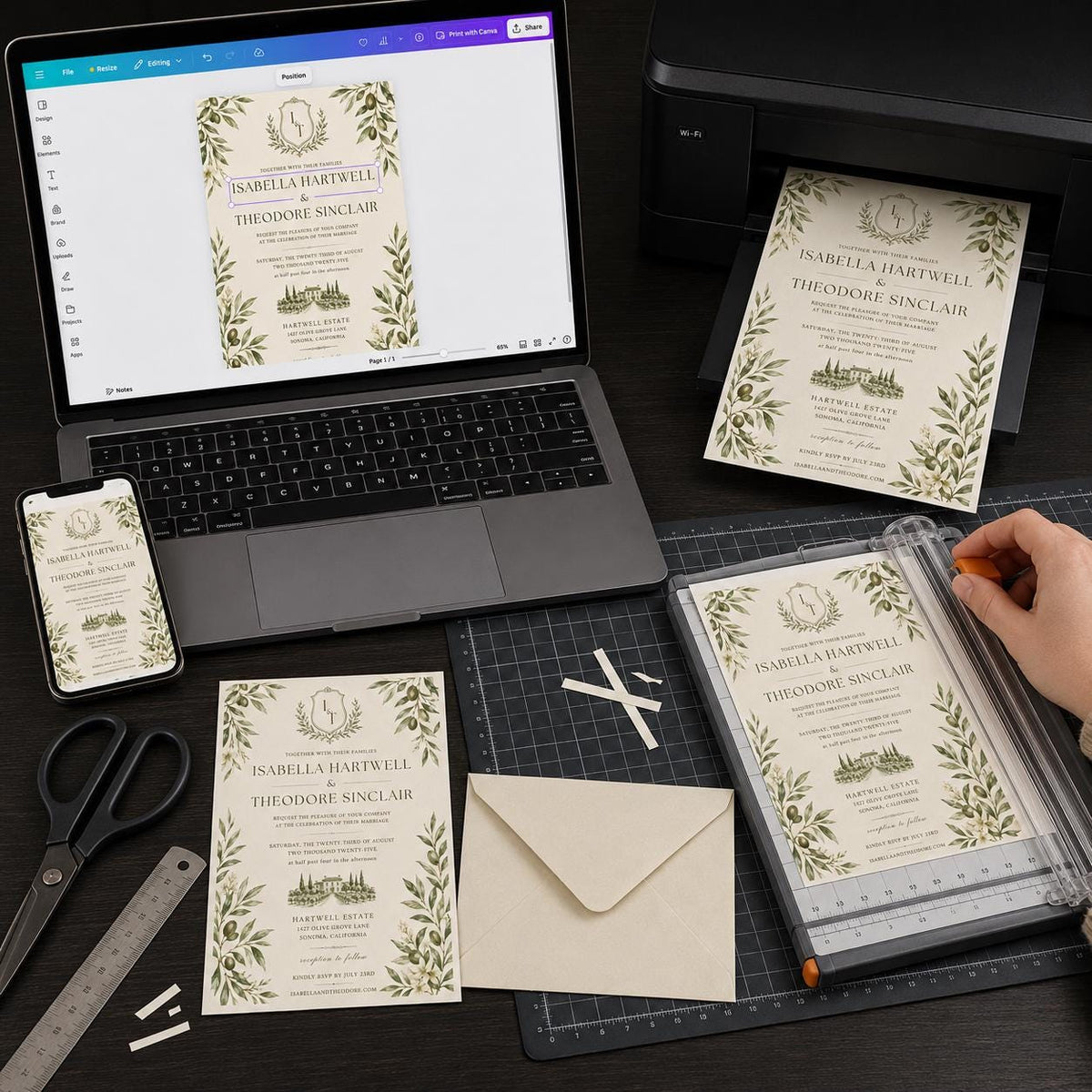 Green Elegant Olive Branch Wedding Invitation — invitation you personalize in Canva