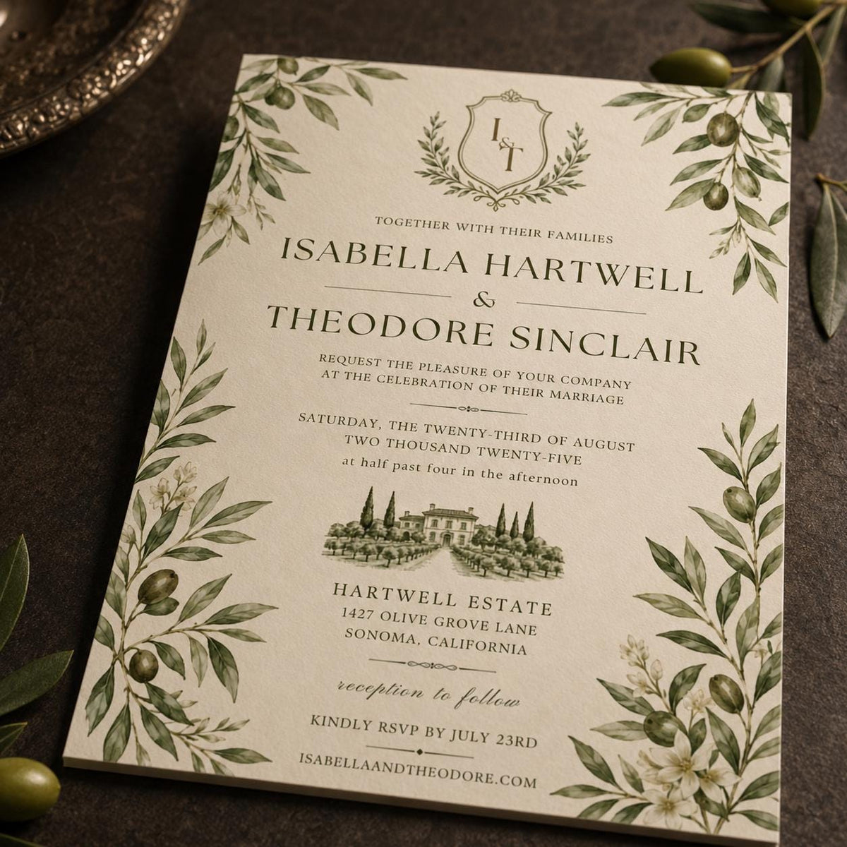 Green Elegant Olive Branch Wedding Invitation — print-ready wedding design from VoltBy