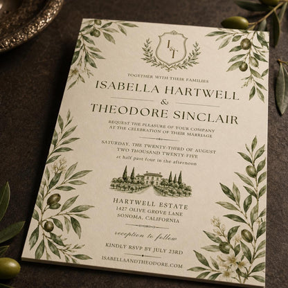 Green Elegant Olive Branch Wedding Invitation — print-ready wedding design from VoltBy