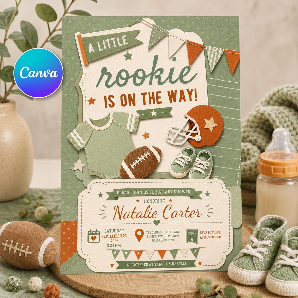 Green Football Baby Shower Invitation for Boys — editable Canva template