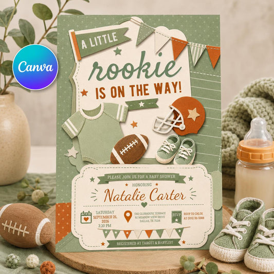 Green Football Baby Shower Invitation for Boys — editable Canva template