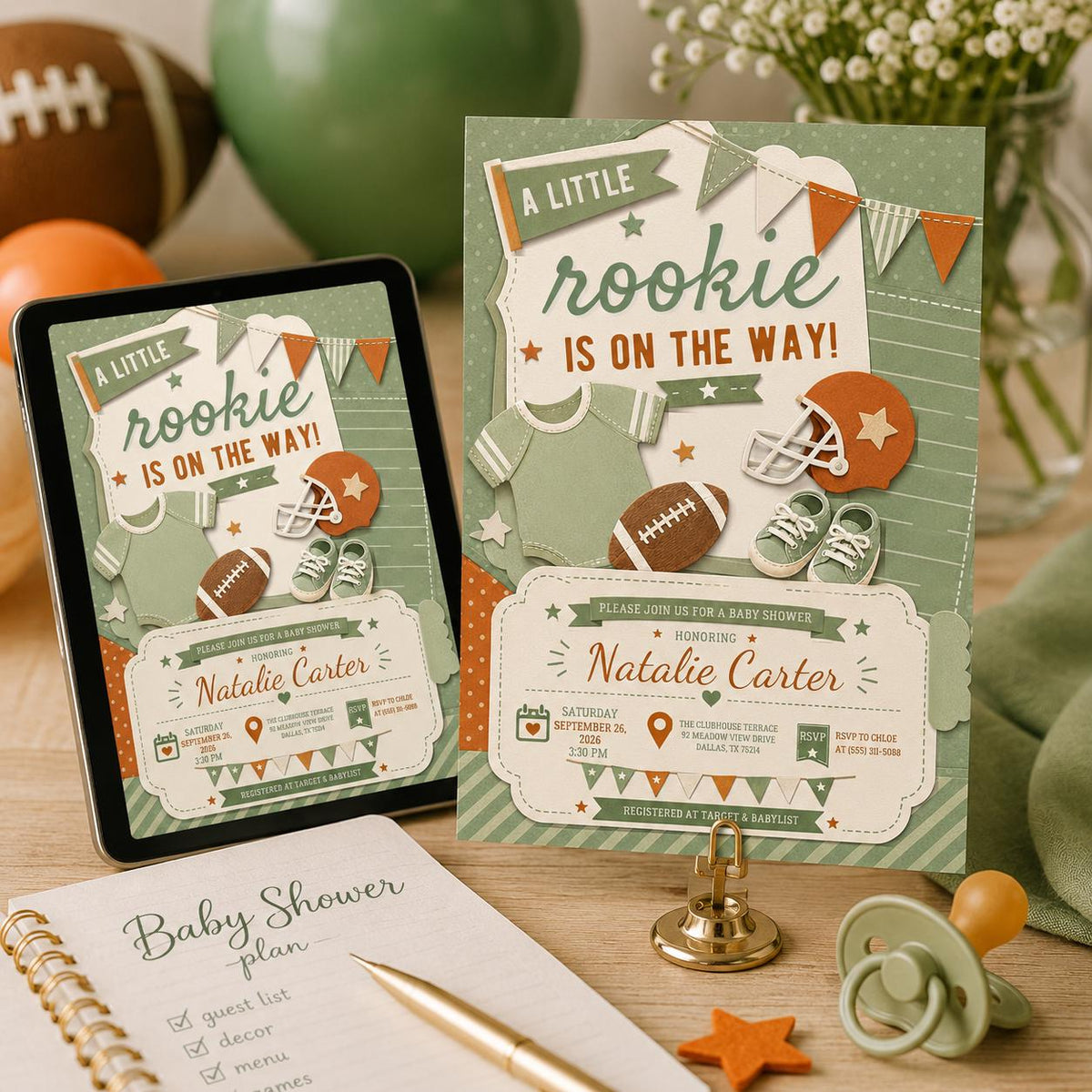 Green Football Baby Shower Invitation for Boys — baseball design
