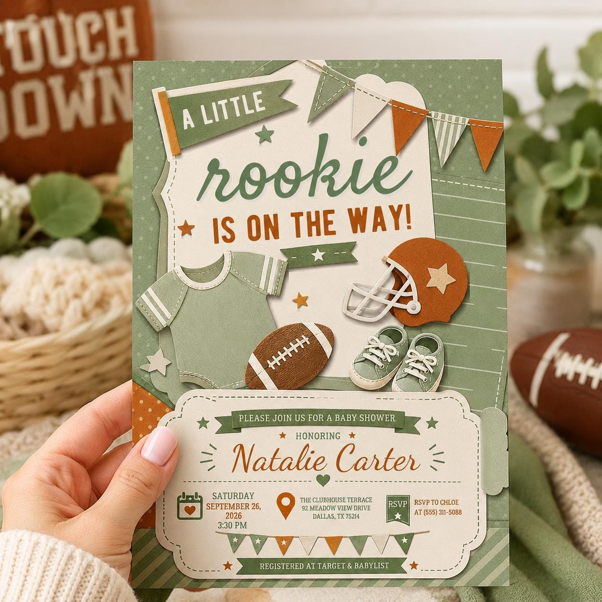 Green Football Baby Shower Invitation for Boys — invitation you personalize in Canva